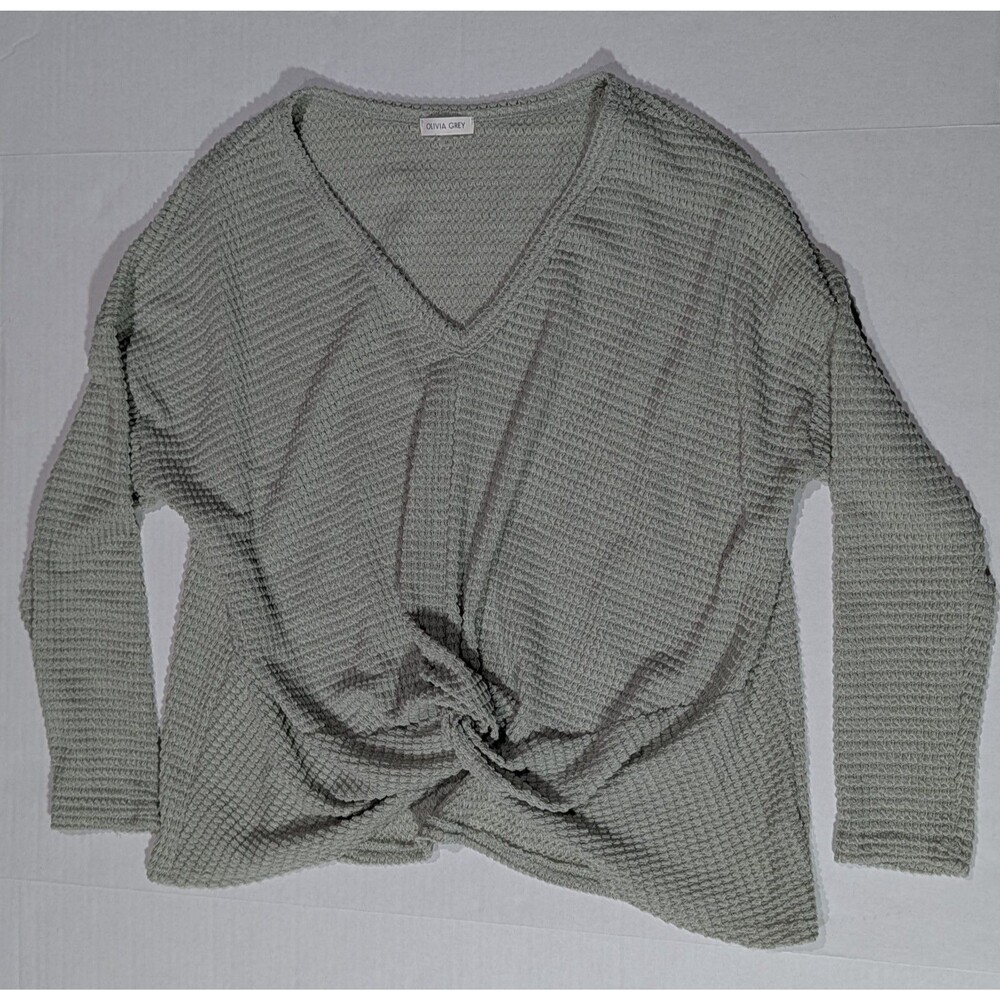 Women's Olivia Grey XL Green V Neck Sweater Soft Knit Lightweight Tied Waist